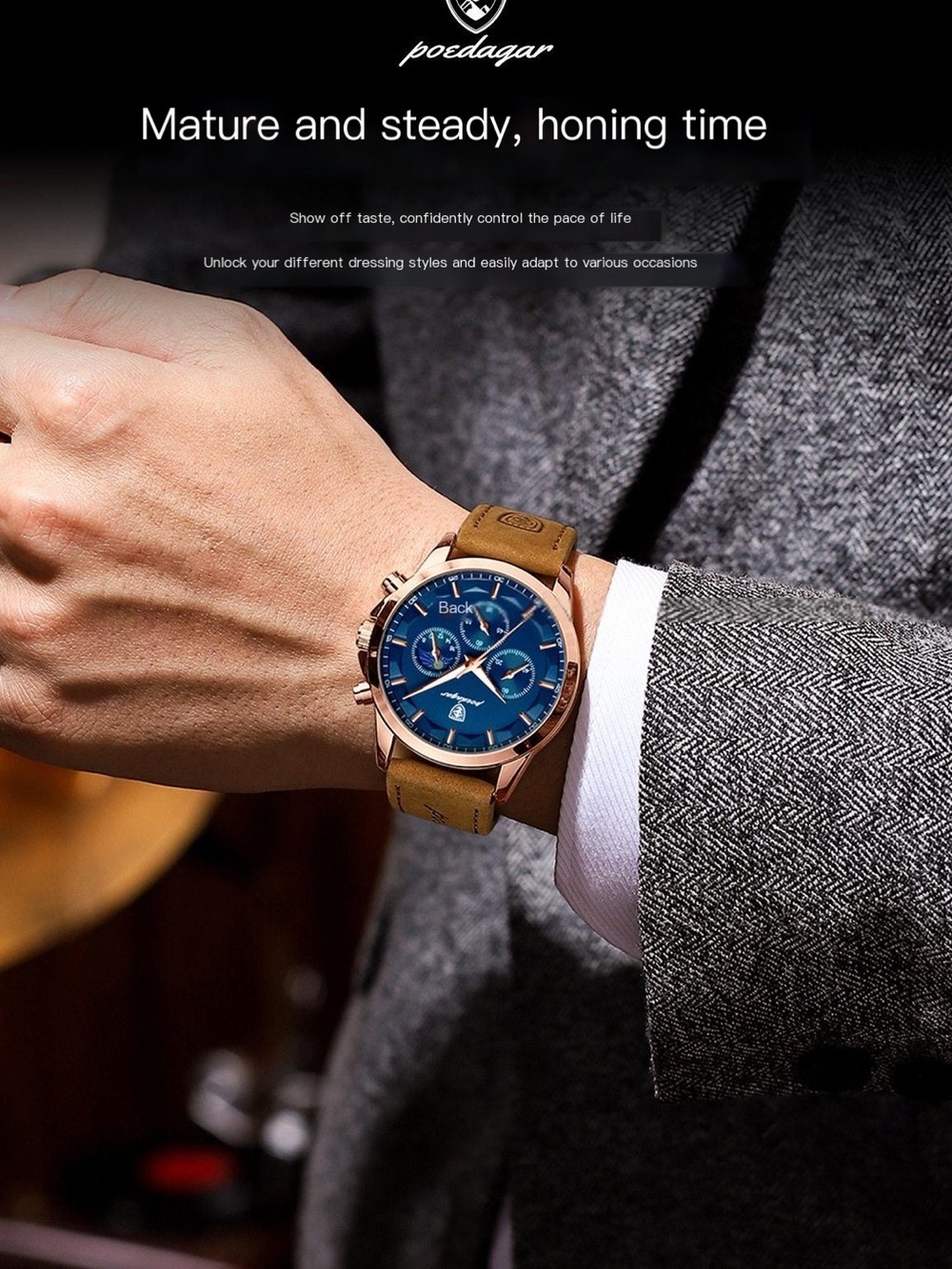 POEDAGAR Men's Blue Dial Watch with Brown Leather Strap